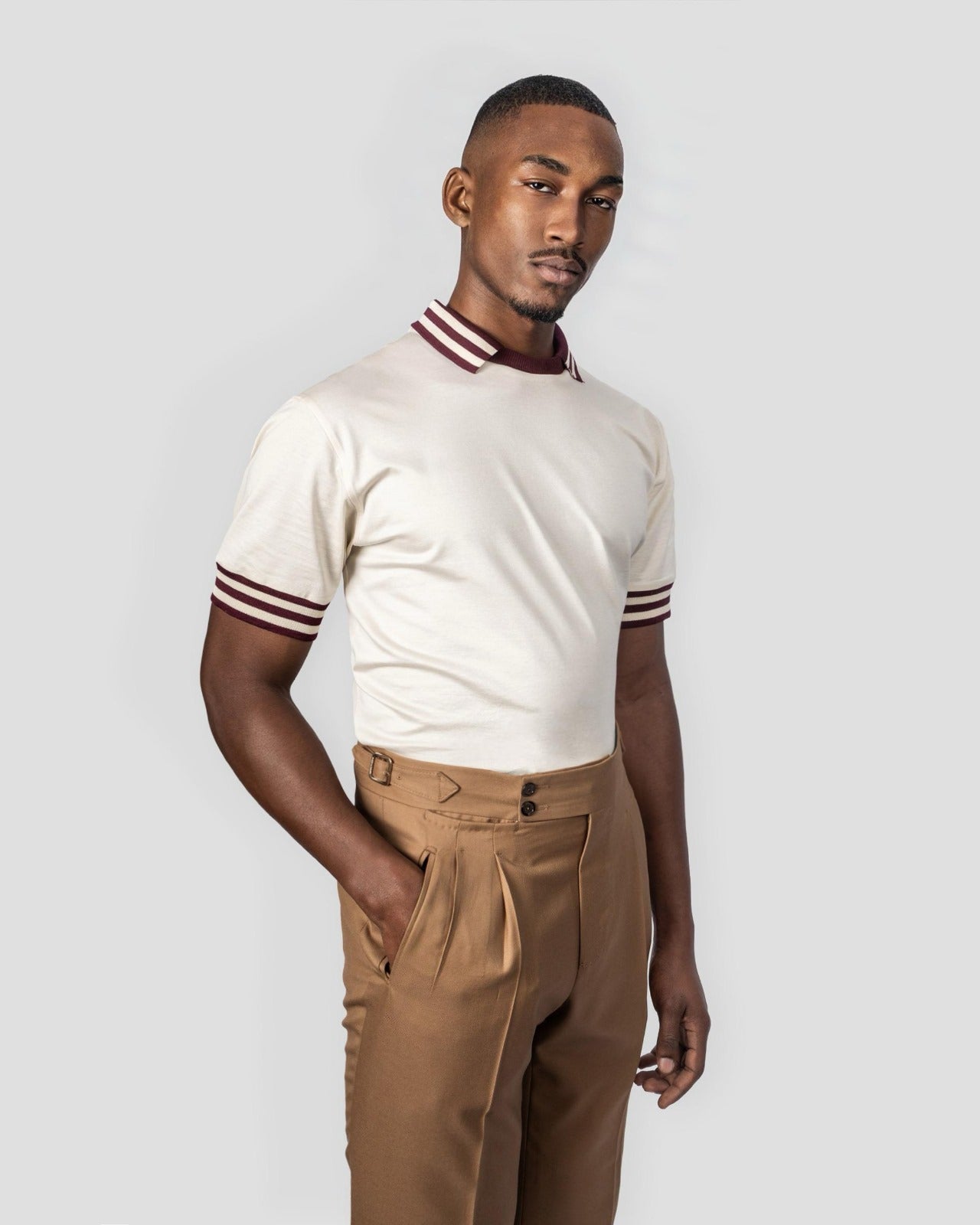 T-Polo in Filo di Scozia Crema con Bordini Bordeaux/Crema