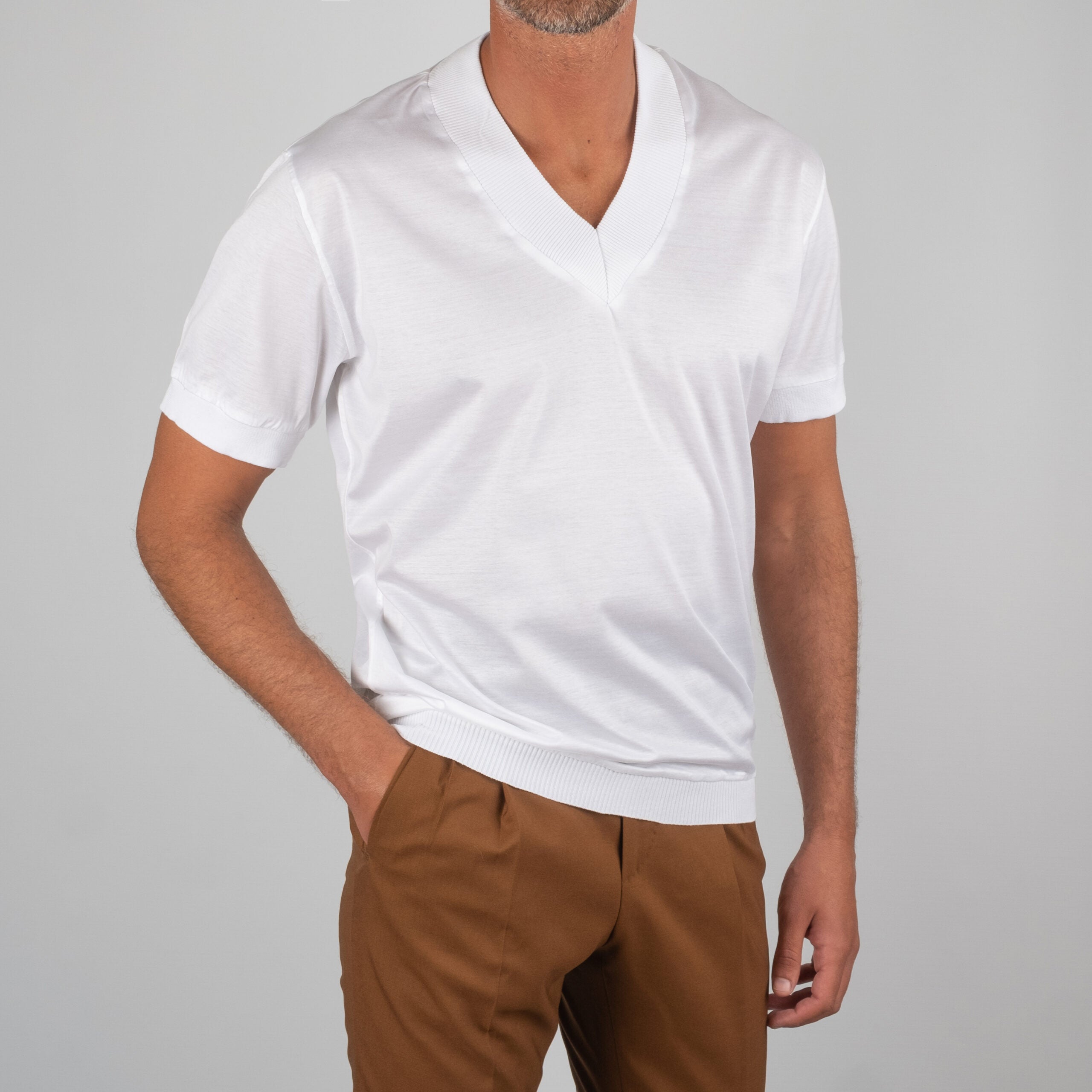 T-Shirt collo V filo di Scozia Bianco