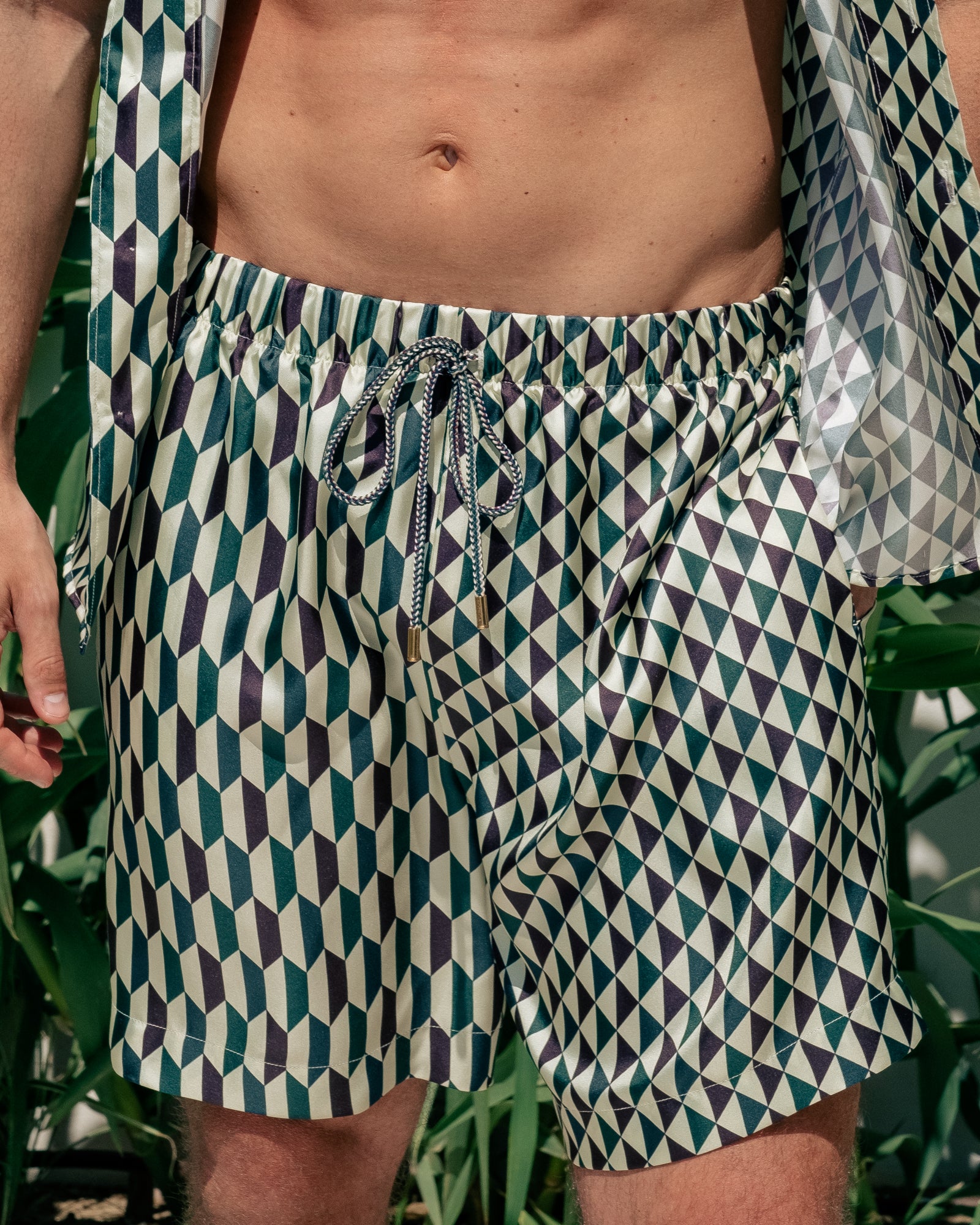 BOARD SHORTS IN GREEN HOUSE SILK