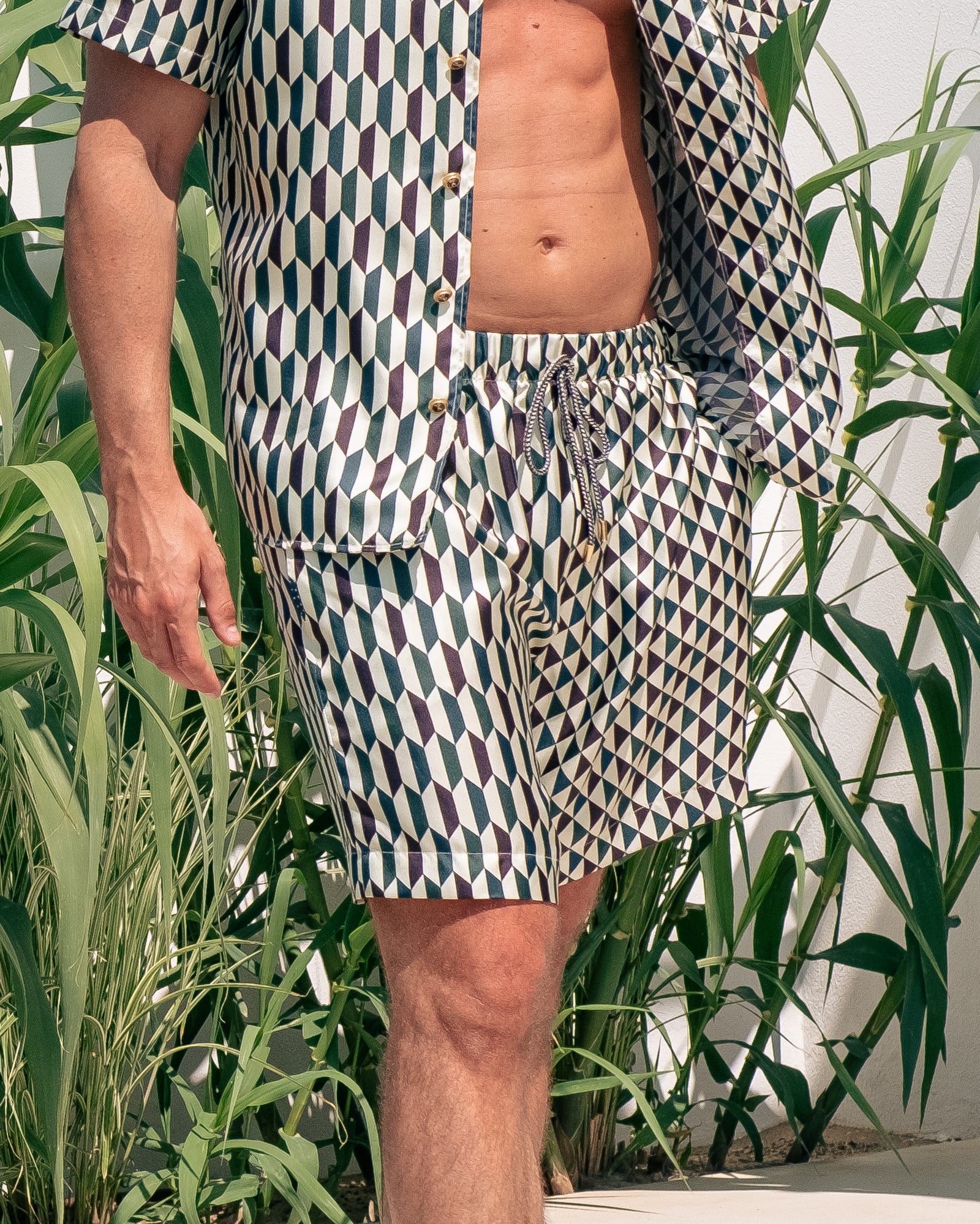 BOARD SHORTS IN GREEN HOUSE SILK