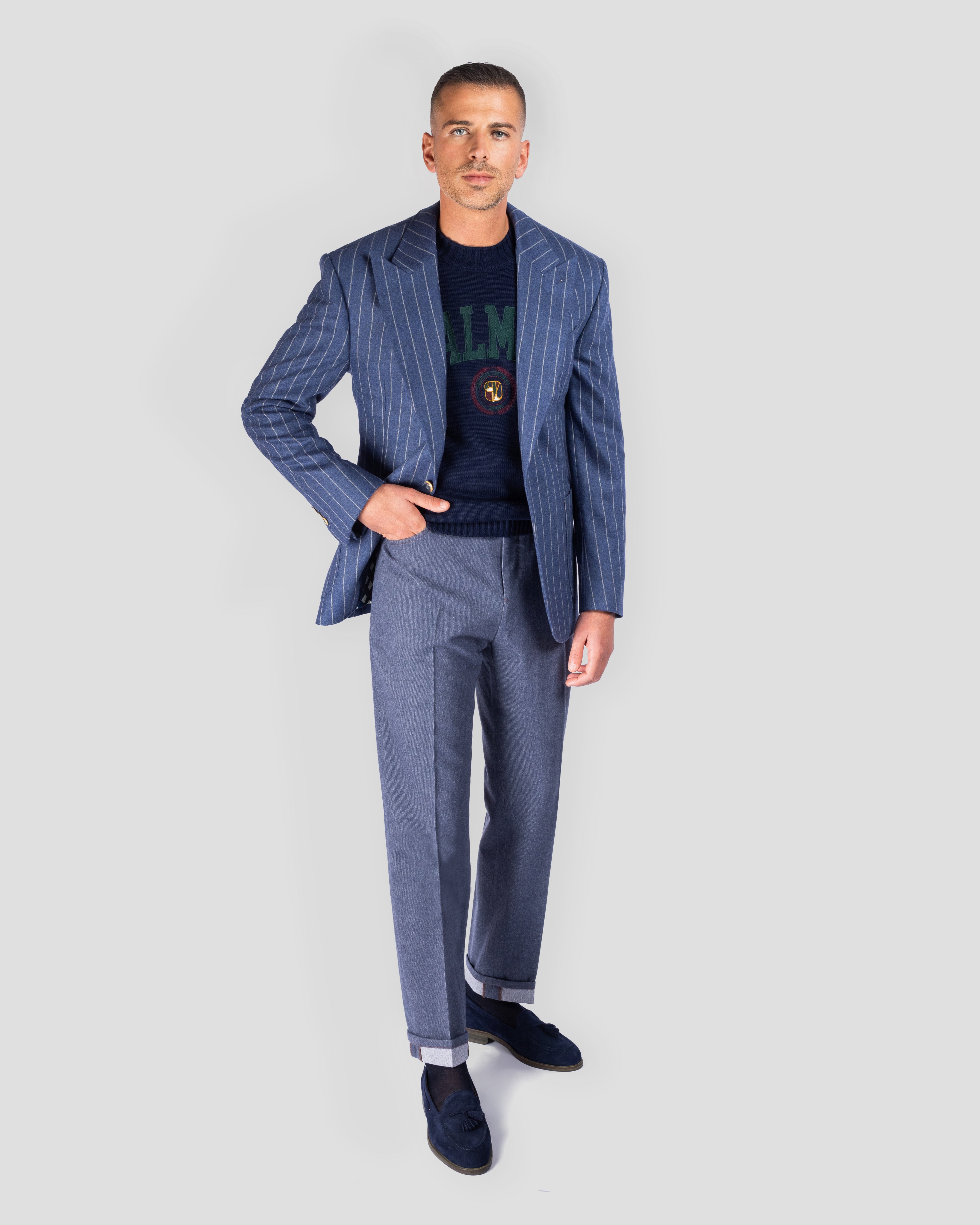 Blazer in Flanella Gessato Blu Chiaro