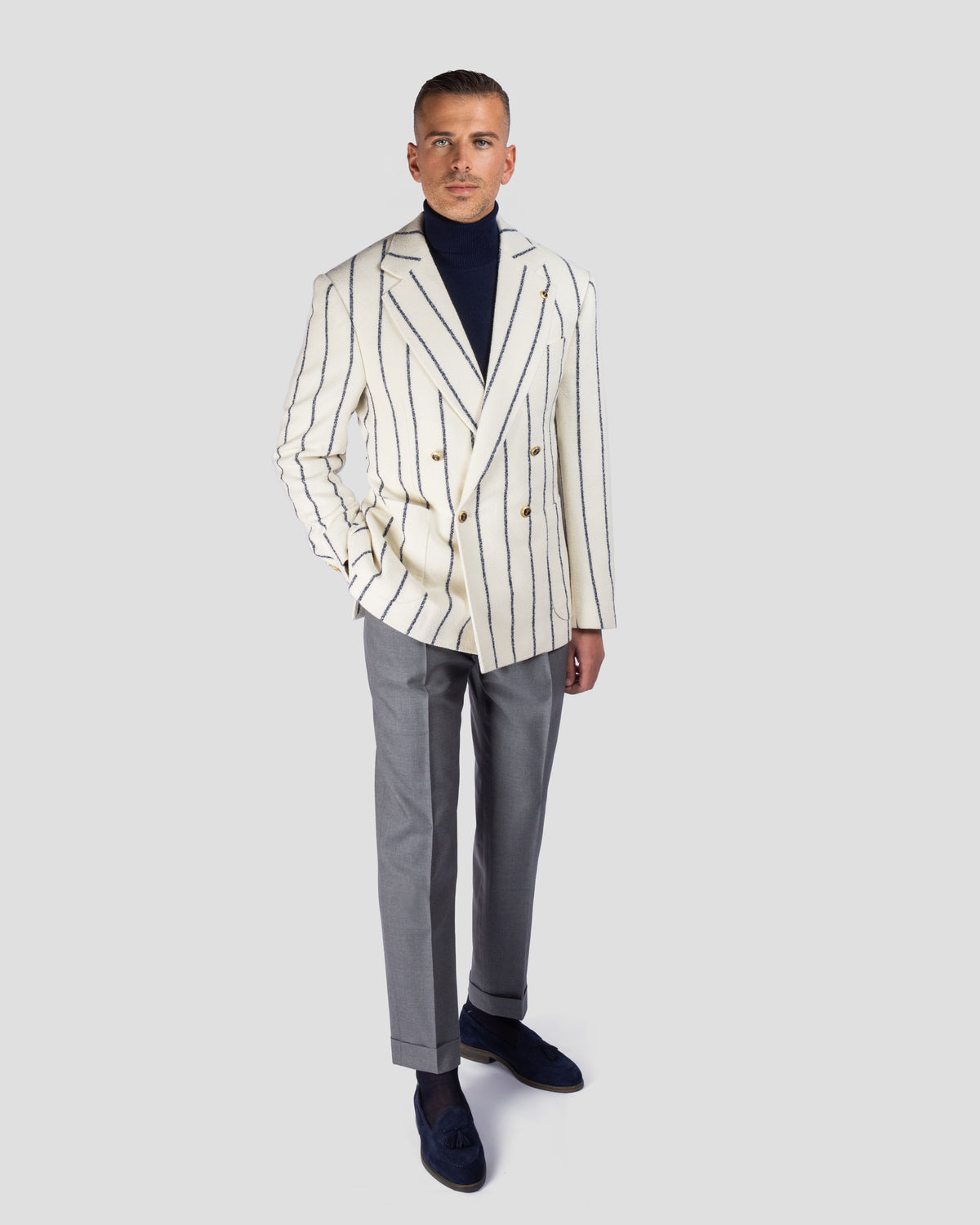 Blazer in Lana Bianco e Righe Blu in seta, Bottega Dalmut, foto 3