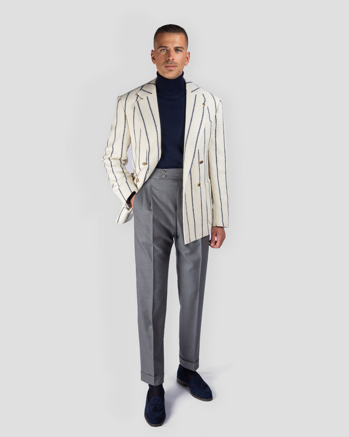 Blazer in Lana Bianco e Righe Blu in seta, Bottega Dalmut, foto 4