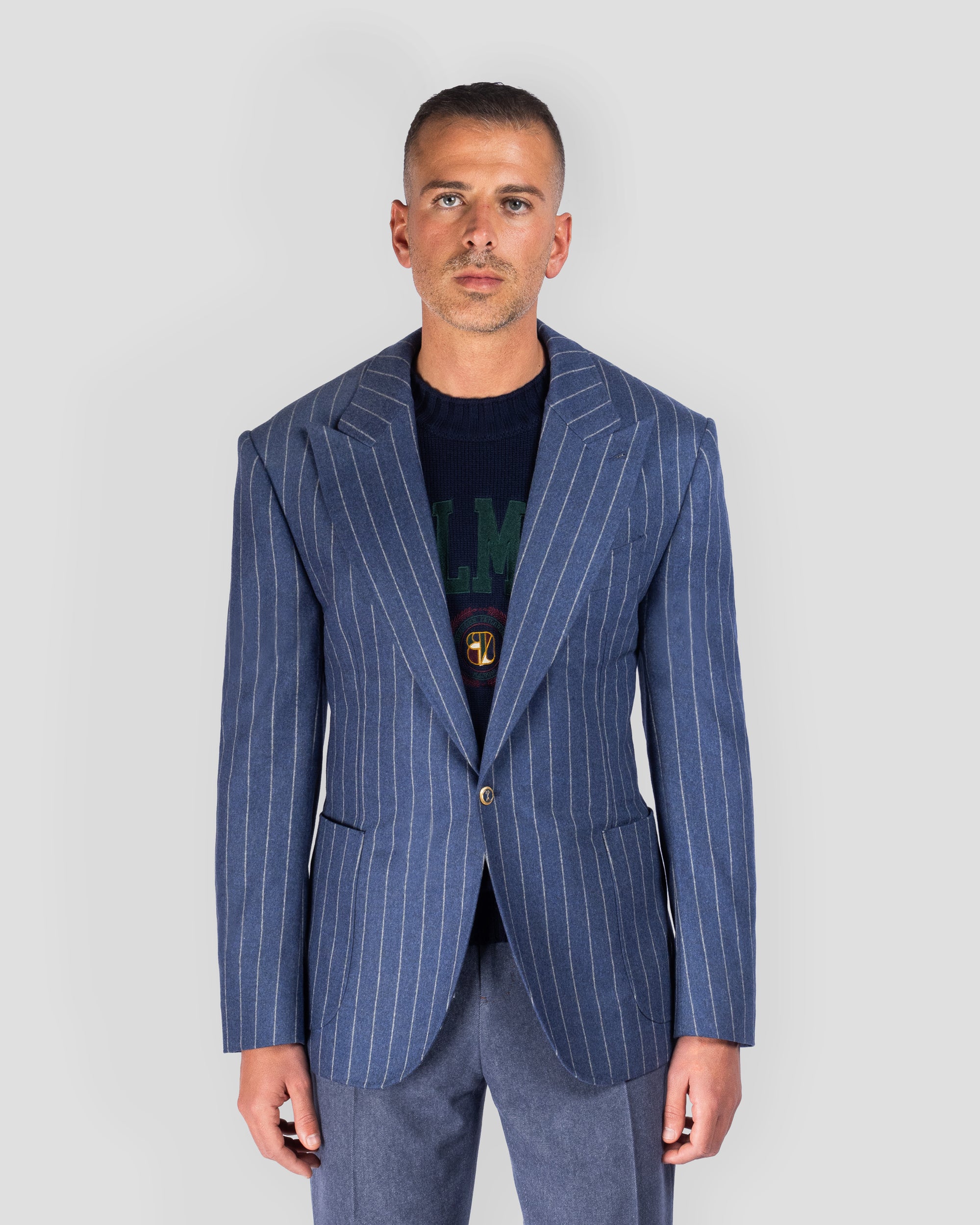 Blazer in Flanella Gessato Blu Chiaro