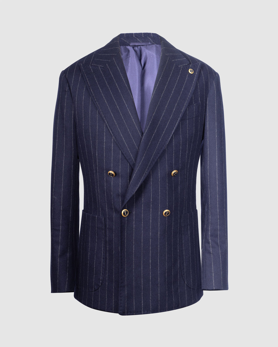 Blazer in Lana Gessato Blu Scuro