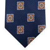 Cravatta in seta blu riquadri arancio